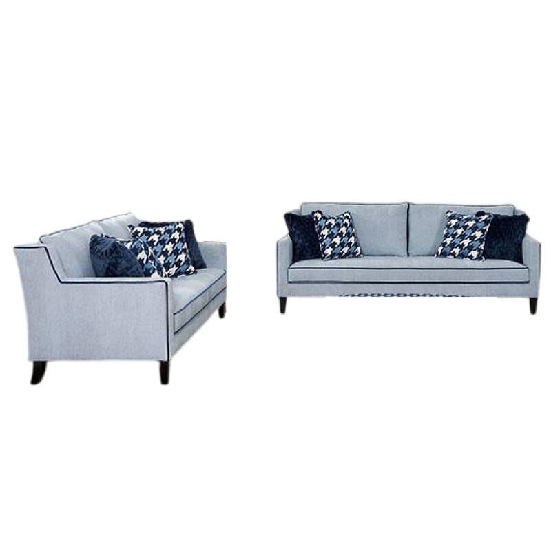 Colin 2pc Sofa and Loveseat Set, 8 Throw Pillows, Gray, Blue Polyester