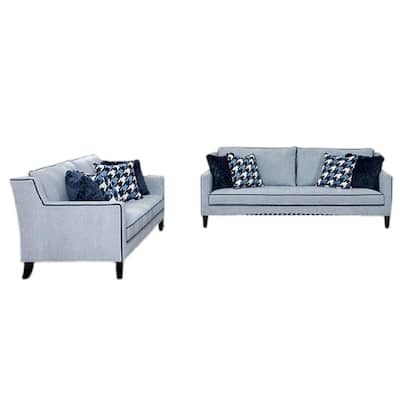 Colin 2pc Sofa and Loveseat Set, 8 Throw Pillows, Gray, Blue Polyester