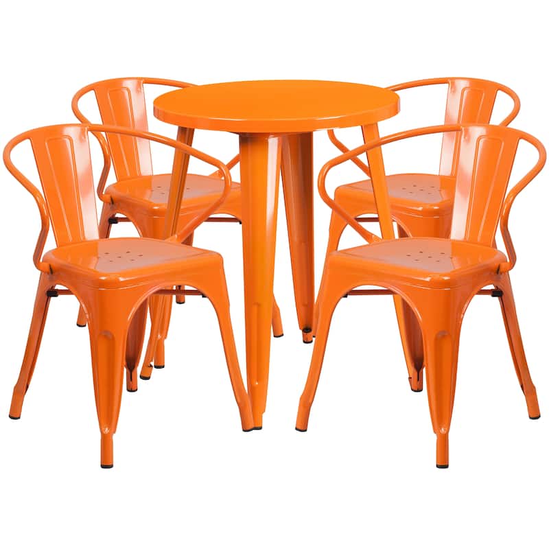 24'' Round Metal Indoor-Outdoor Table Set with 4 Arm Chairs