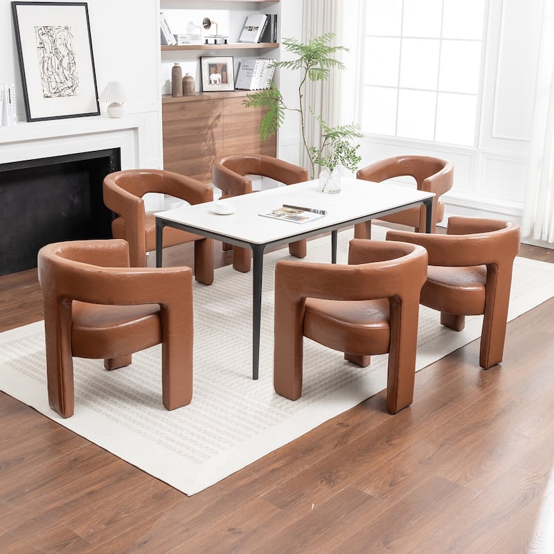 SEYNAR Modern Glam PU Leather Upholstered Dining Chair, Open-Back Accent Chair Set of 6 - Brown