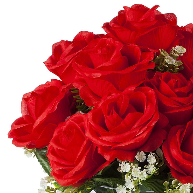 Enova Home Artificial 18 Heads Silk Roses Fake Flowers in Clear Glass Vase with Faux Water for Home Decoration
