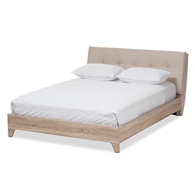 Queen Size Platform Bed - Mid-Century Modern Design, Padded Headboard, Light Beige Whitewash Finish