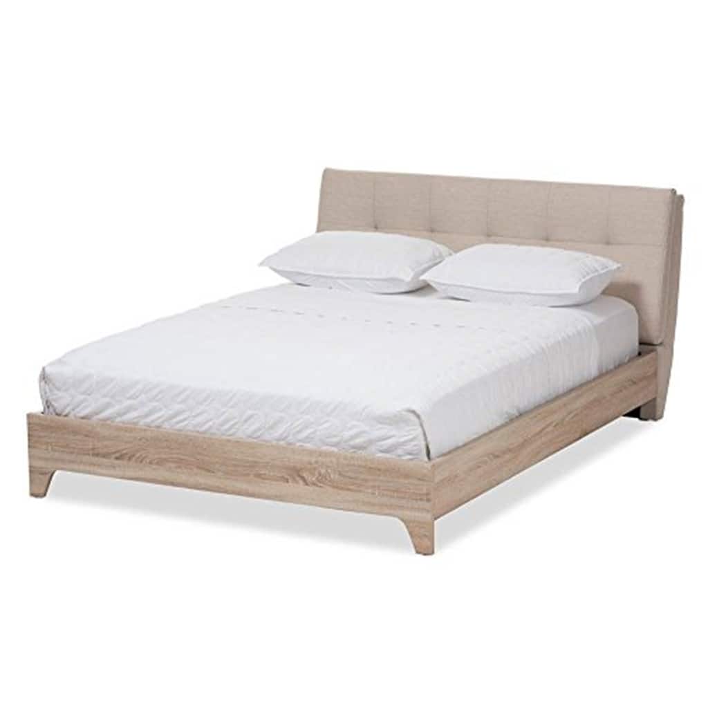 Queen Size Platform Bed - Mid-Century Modern Design, Padded Headboard, Light Beige Whitewash Finish