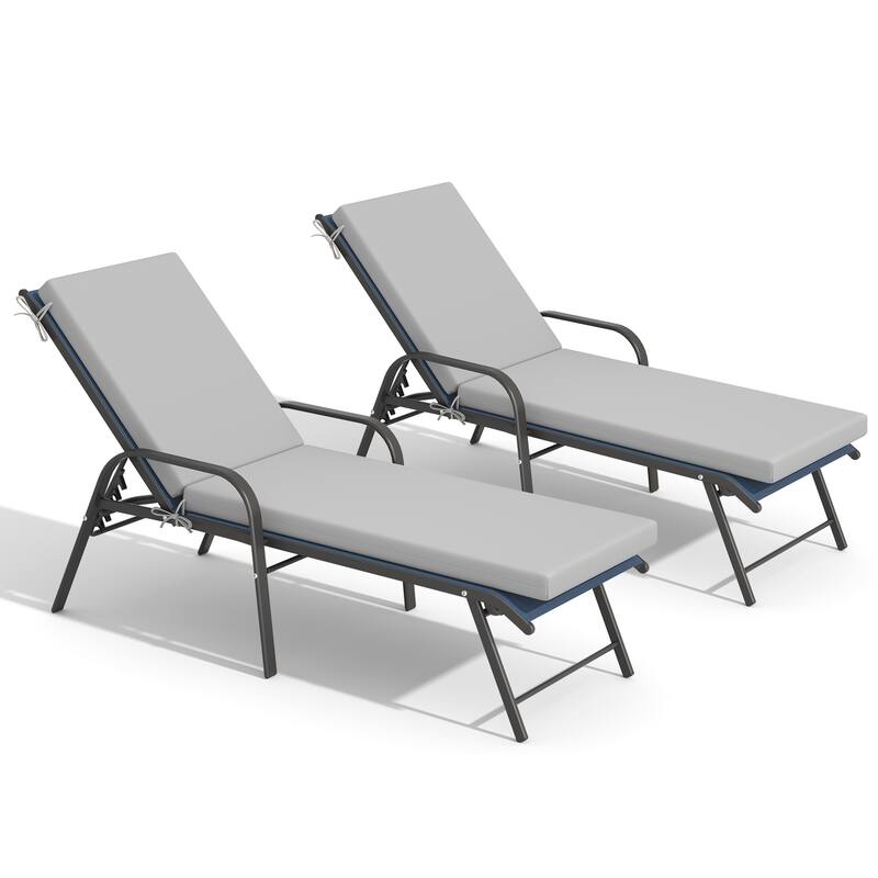 Outdoor Lounge Chairs Chaise Lounge Set with Adjustable Back and Cushions - Navy Blue Fabric Chair with Light Grey Cushion