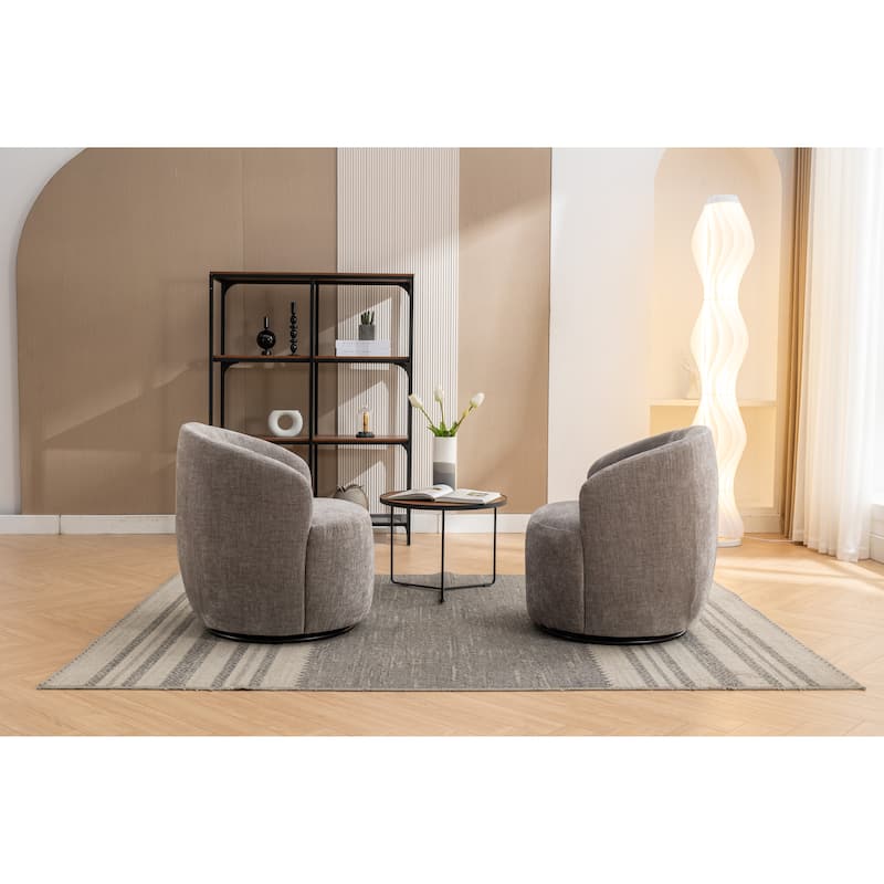 Gray Chenille Modern 25.6" Upholstered Swivel Barrel Chair with Black Powder Coating and Metal Ring