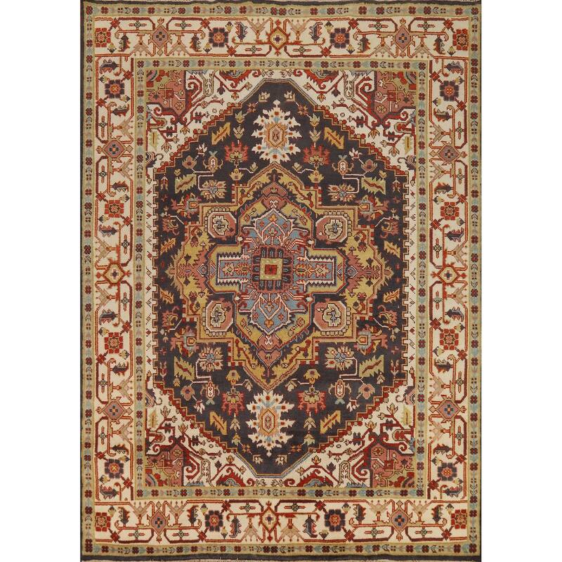 Charcoal Gray Heriz Serapi Indian Area Rug Handmade Wool Carpet - 7'10"x 9'11"