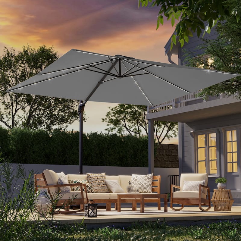 LIVOOSUN 10x8ft LED Rectangle Cantilever Umbrella Patio Offset Umbrella For Outdoor Space, Solution-Dyed Fabric, 360° Rotation - WarmGray