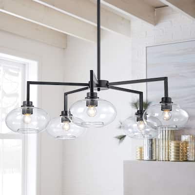5-Light Modern Black Globe Chandelier Linear Sputnik Clear Glass Bubble Chandelier for Dining Room - 34.65 in. W x 10.24 in. H