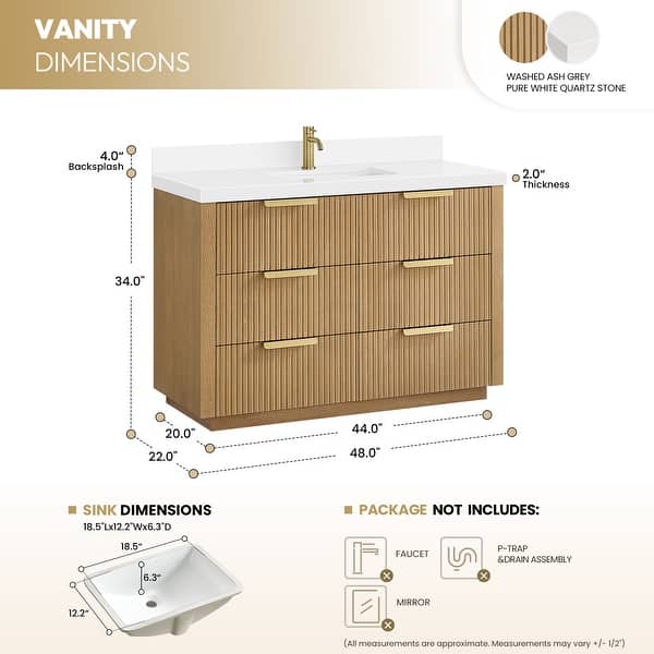 dimension image slide 7 of 8, Santarem Single Vanity with Pure White Quartz Stone Top without Mirror