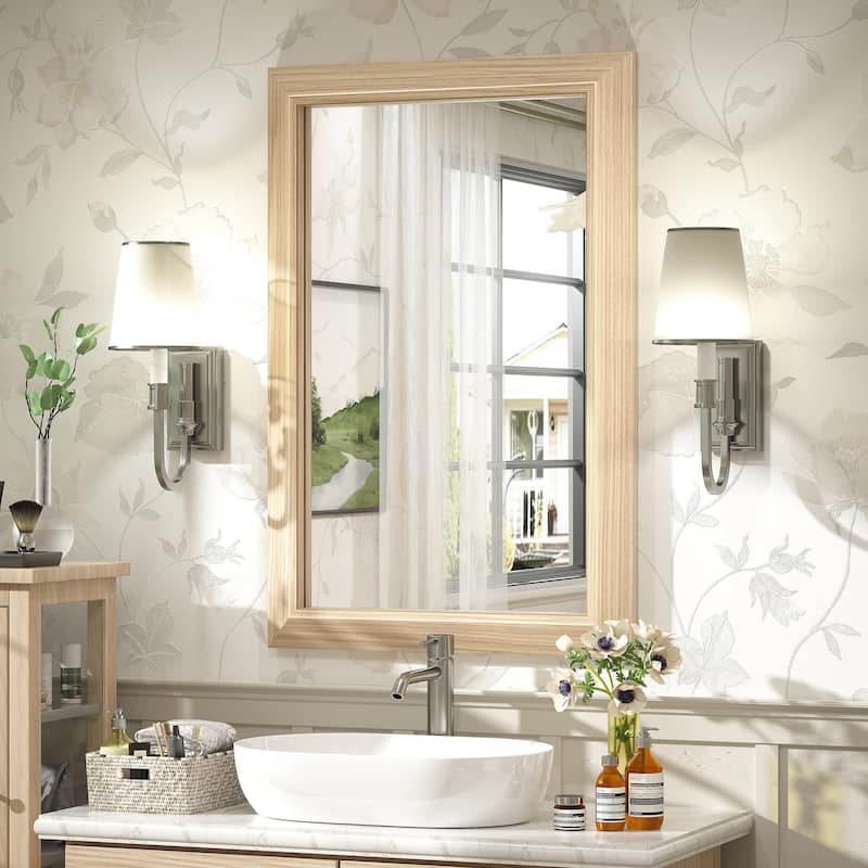 Beveled Metal Rectangle Framed Bathroom Vanity Tempered Glass Mirrors - 36" x 24" - Light Brown