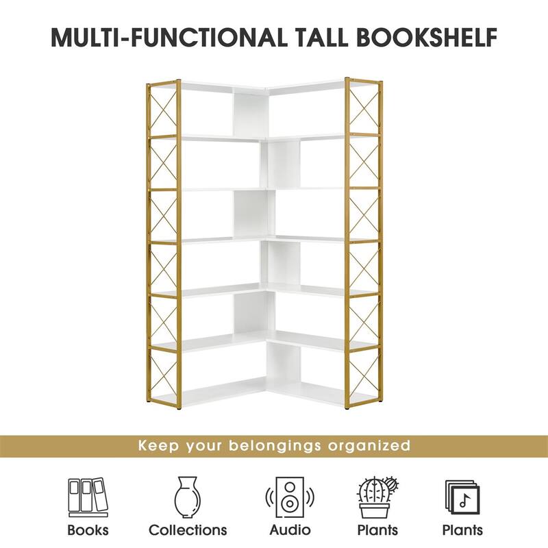 Merax L-Shaped 7-Tier Corner Bookcase with Metal Frame