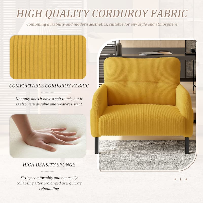 Corduroy Upholstered Single Sofa Chair, Lounge Reading Chair with Side Pockets, Armchair with Solid Wood Frame - Yellow