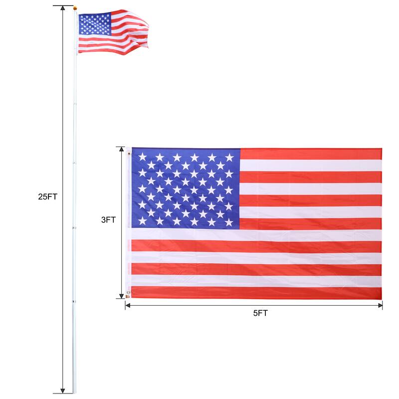 25FT Heavy Duty Aluminum Telescopic Flag Pole Kit, Sectional Flag Pole Kit, Outdoor Inground Flag Poles with Topper Balls