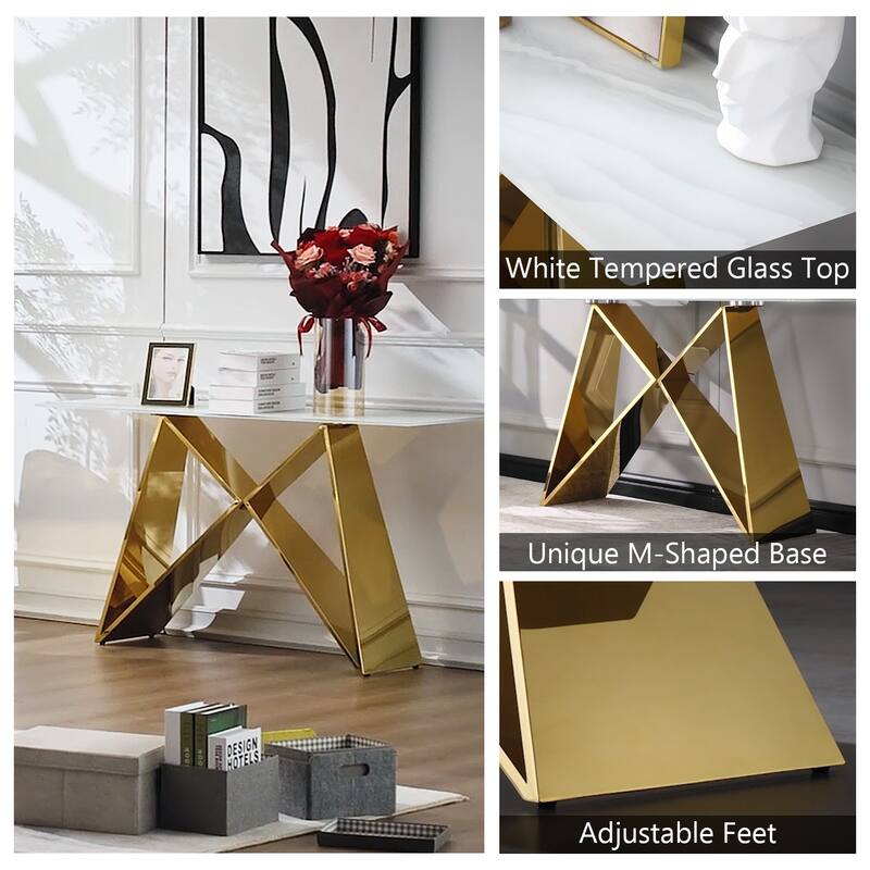 55 inch Rectangle White Glass Console Table with Mirrored M-Shaped Base