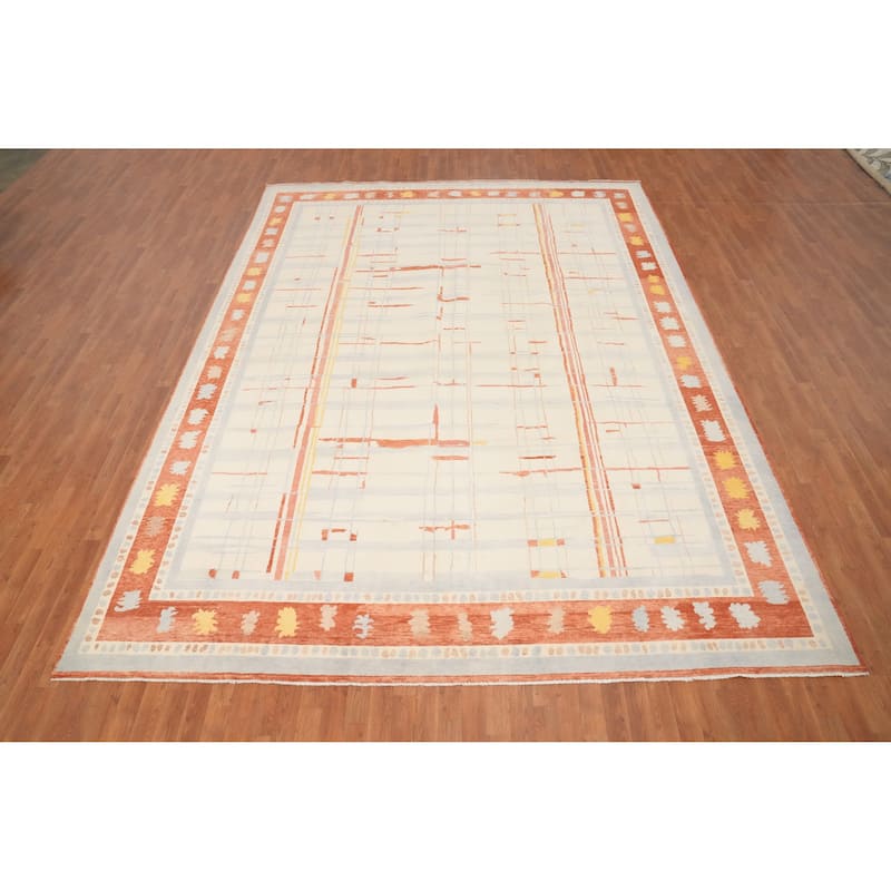Hand Knotted Oriental 100% Wool Carpet Modern Geometric Beige & Ivories Gabbeh Area Rug - 13' 3'' X 10' 0''