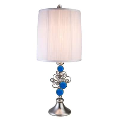 Silver Metal Bedside Lamp with White Pleated Cotton Drum Shade 3 Way Switch - 12” x 12” x 21” (D x W x H)