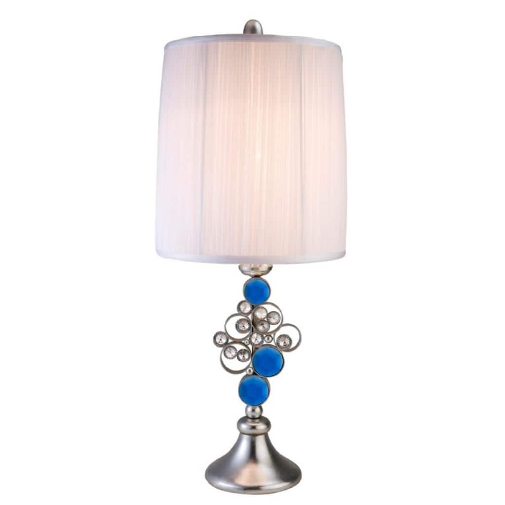 Silver Metal Bedside Lamp with White Pleated Cotton Drum Shade 3 Way Switch - 12” x 12” x 21” (D x W x H)