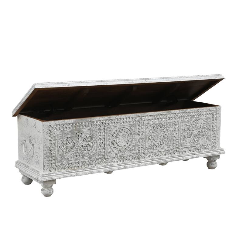 HomeRoots 54" White Solid Wood Medallion Storage Ottoman