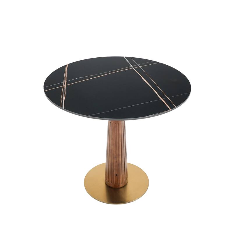 33" Retro Round Side Table, Glass & Sintered Stone Tabletop Dining Table with Solid Wood Pedestal
