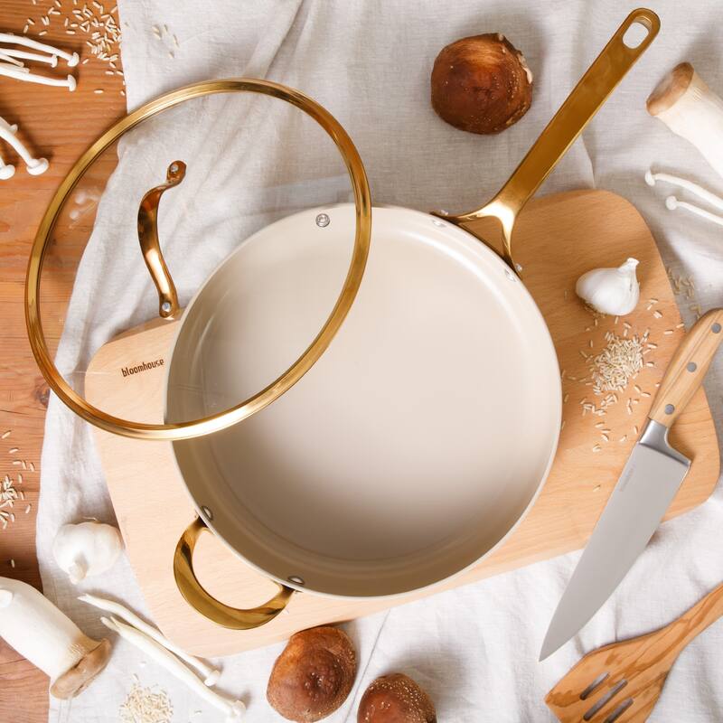 Bloomhouse 6 QT Heavy Duty Aluminum Premium PFA Free Ceramic Nonstick Frying Pan Skillet with Lid - Almond Cream