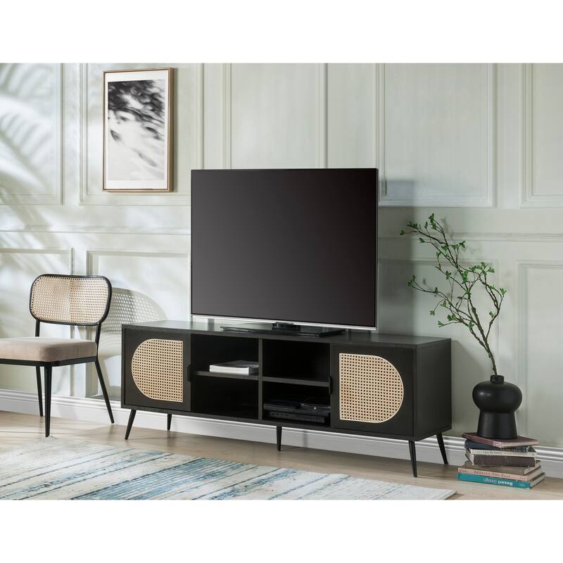Transitional Style 60" TV Stand with Rattan Door and Four Open Compartments for TVs Up to 60" - Black