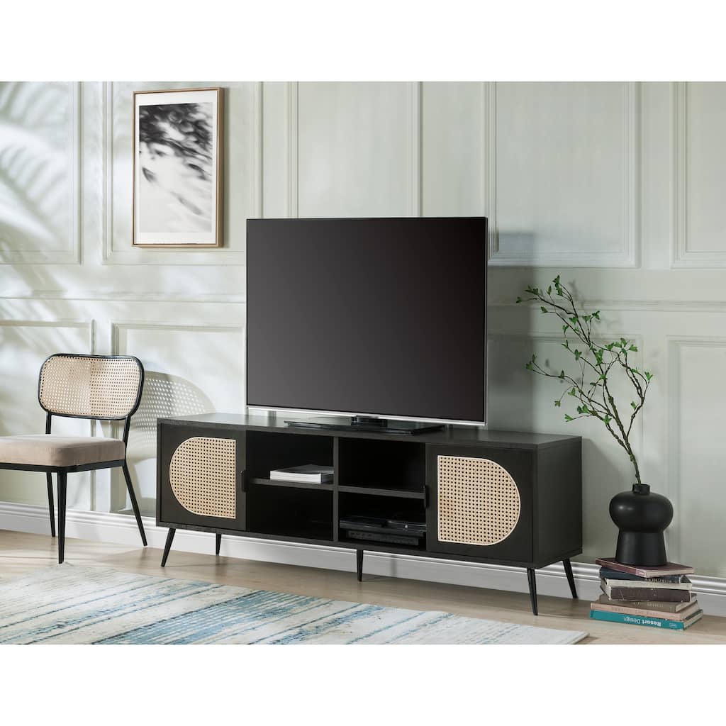 Transitional Style 60" TV Stand with Rattan Door and Four Open Compartments for TVs Up to 60"