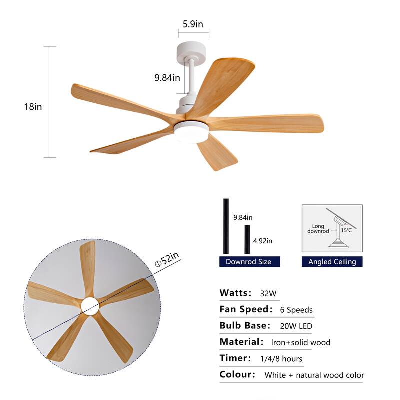 52" Ceiling Fans With Lights and Remote Control, Dimmable LED, 5 Solid Wood Blades,for Bedroom, Living Room - 52 Inches