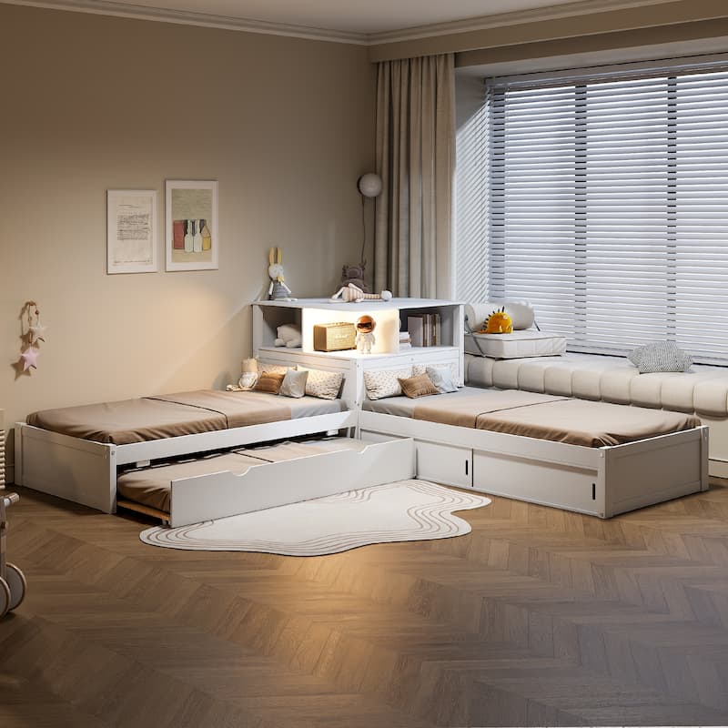 Twin Size L-shaped Bed Frame with Trundle Bed and Storage Cabinets, Desk, Lighting, Corner Platform Storage Bed Frame - White - Twin