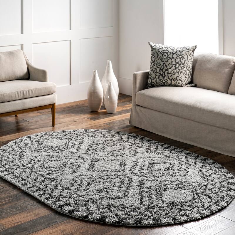 Nuloom Vasiliki Moroccan Shag Tasseled Area Rug - 3' x 5' Oval - Grey - Oval