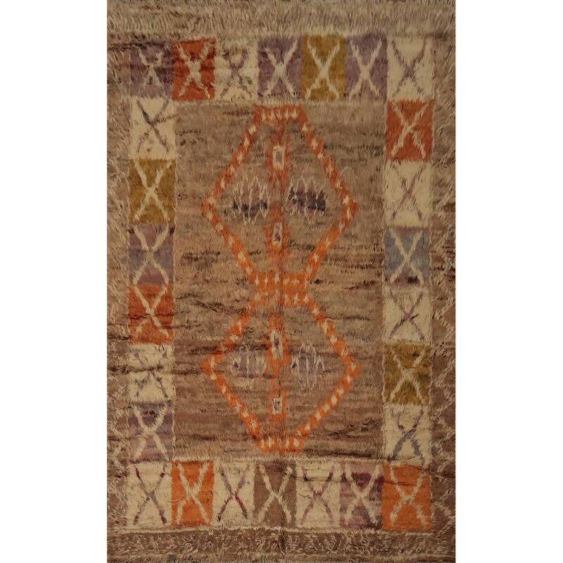 Hand Knotted Oriental 100% Wool Carpet Modern Tribal Brown Moroccan Area Rug - 9' 9'' X 6' 11''