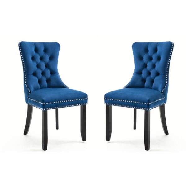 Upholstered Button Tufted Back Blue Velvet Dining Chair with Nailhead