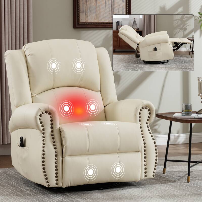 Heat Massage Manual Recliner Chair with Rocker and Swivel in Fabric for Living Room - Beige