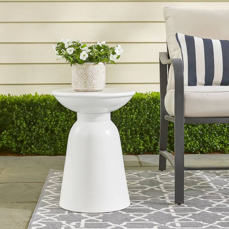 Suma Outdoor End Table, Round 15 Inch Top, Pedestal Base, White Iron