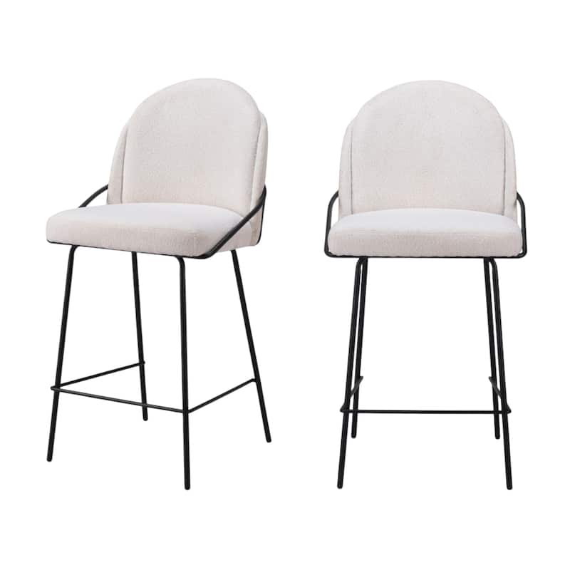 Set of Two 26" Ivory and Black Shearling and Stainless Steel Counter Height Bar Chairs