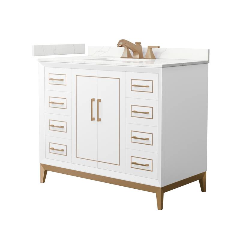 Wyndham Collection WCH515142S-QTZ-US3MXX Marlena 42" Free Standing - White / Giotto Quartz Top / Satin Bronze Hardware