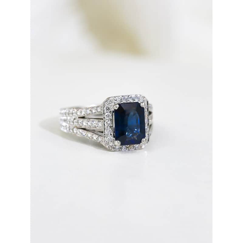 Kobelli 6.29 Carats Blue Sapphire & White Diamond Solid 14k White Gold Emerald-cut Rectangular Halo Split Shank Neptune Ring