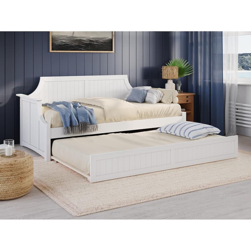 Twin Daybed with Trundle - Mid-Century Wood Daybed - White Finish -