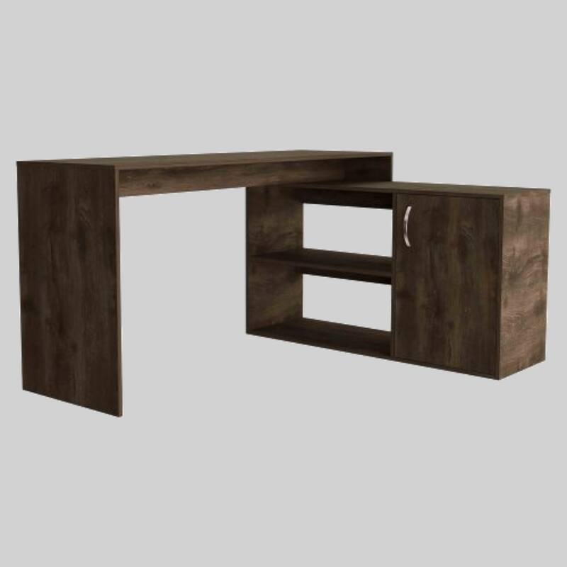 Contemporary L-Shaped Desk with Right Return, 59" Surface, Open Storage, and Cabinet for Home Office Setup - Brown