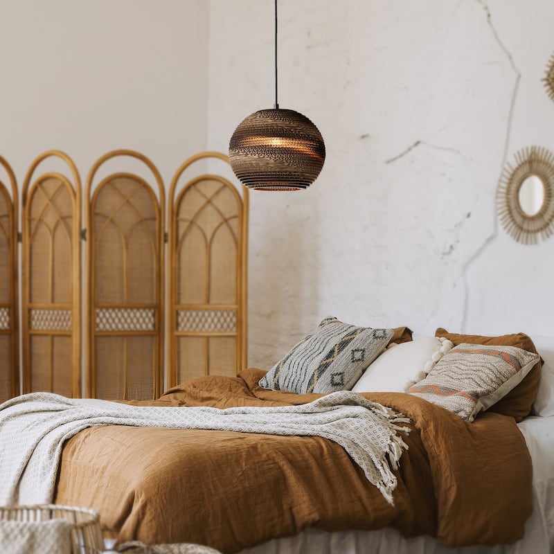 1-light Brown Natural Pendant Light With Nordic Style Globe Cardboard Shade For Dining Table