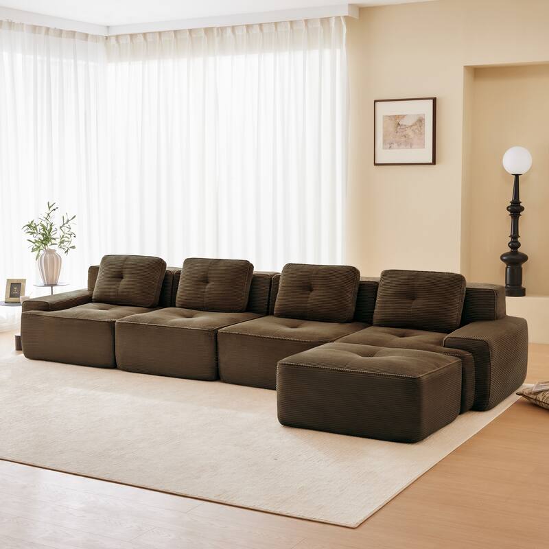 L-Shaped Sectional Couch with Ottoman, Oversized Modular Corduroy Sofa