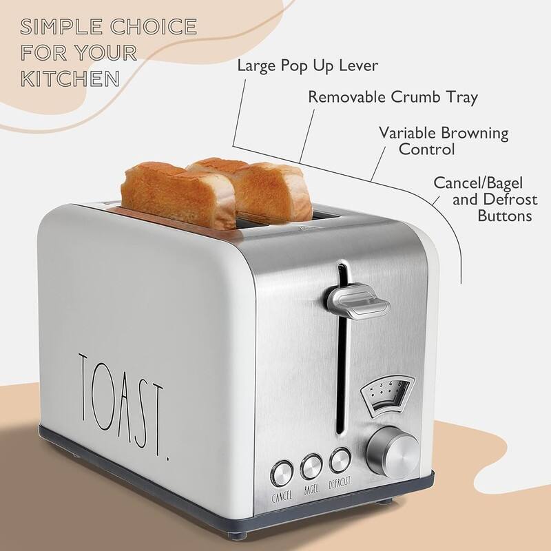 Rae Dunn Toaster, Stainless Steel 2 Slice Square Toaster, Wide Slot with 5 Browning Levels, with Bagel, Defrost