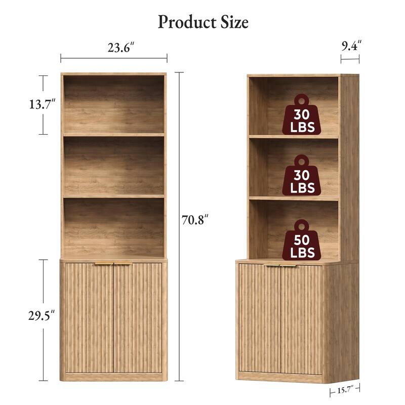 71" Walnut Bookcase with Doors Set of 2, 5 Tier Fluted Tall Bookshelf with Storage