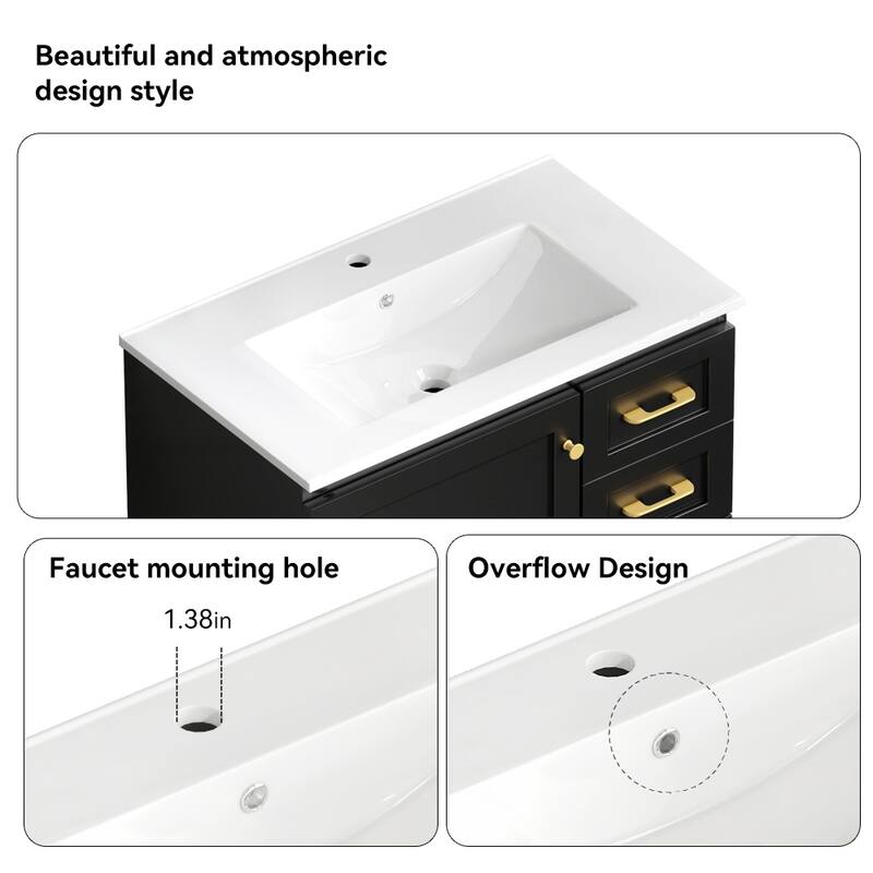 30" Bathroom Vanity Cabinet with Soft-Close Door & 3 Drawers, MDF Storage Vanity for Modern & Transitional Bathrooms