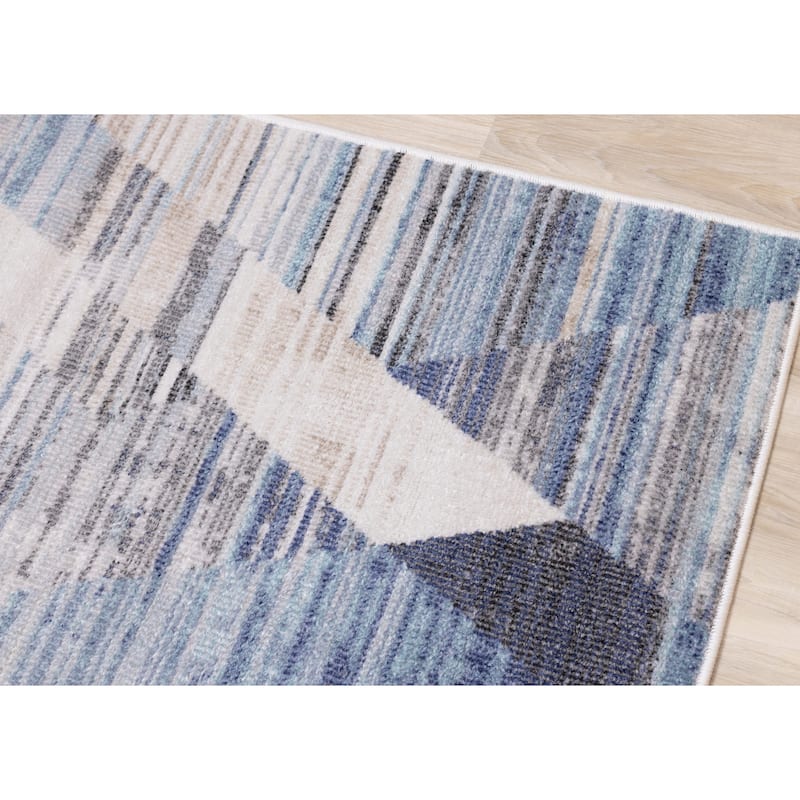 Fitzgerald Collection - Blue/Cream/Grey Distressed Geometric Rug
