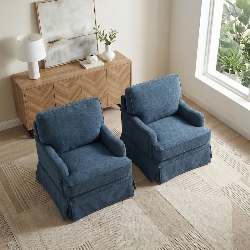 Set of 2 Chenille Swivel Accent Chair with Nailhead Trim Skirt