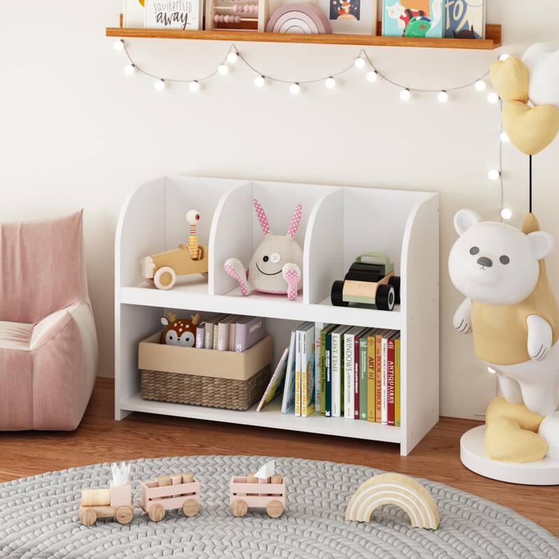 Kids Bookshelf and Toy Organizer 4 Compartments,Nursery Book Toy Storage Organizer,for Children's Room,Nursery,School - White