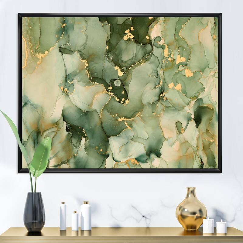 Designart "Green Luxury Abstract Fluid Art I" Modern Framed Canvas Wall Art Print