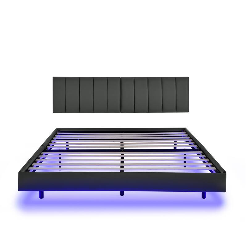 Queen Floating Bed Frame with LED Lights and Wall Mounted Headboard Low Profile Led Platform Bed Frame,No Box Spring Needed