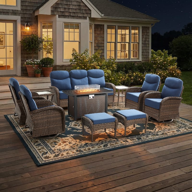 Pocassy Outdoor Sofa Swivel Chair and Ottman with 43in Fire Pit Table - Brown Wicker Blue Cushion - 10-Piece Sofa Swivel Chiar Ottoman with Fire Table