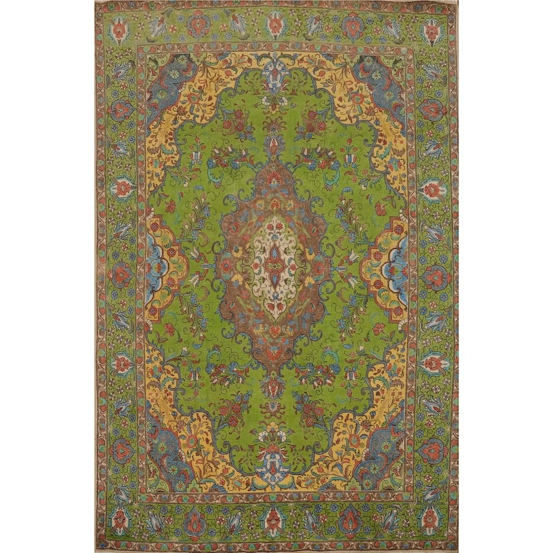 Hand Knotted Oriental 100% Wool Carpet Traditional Floral Green Tabriz Area Rug - 11' 5'' X 8' 1''